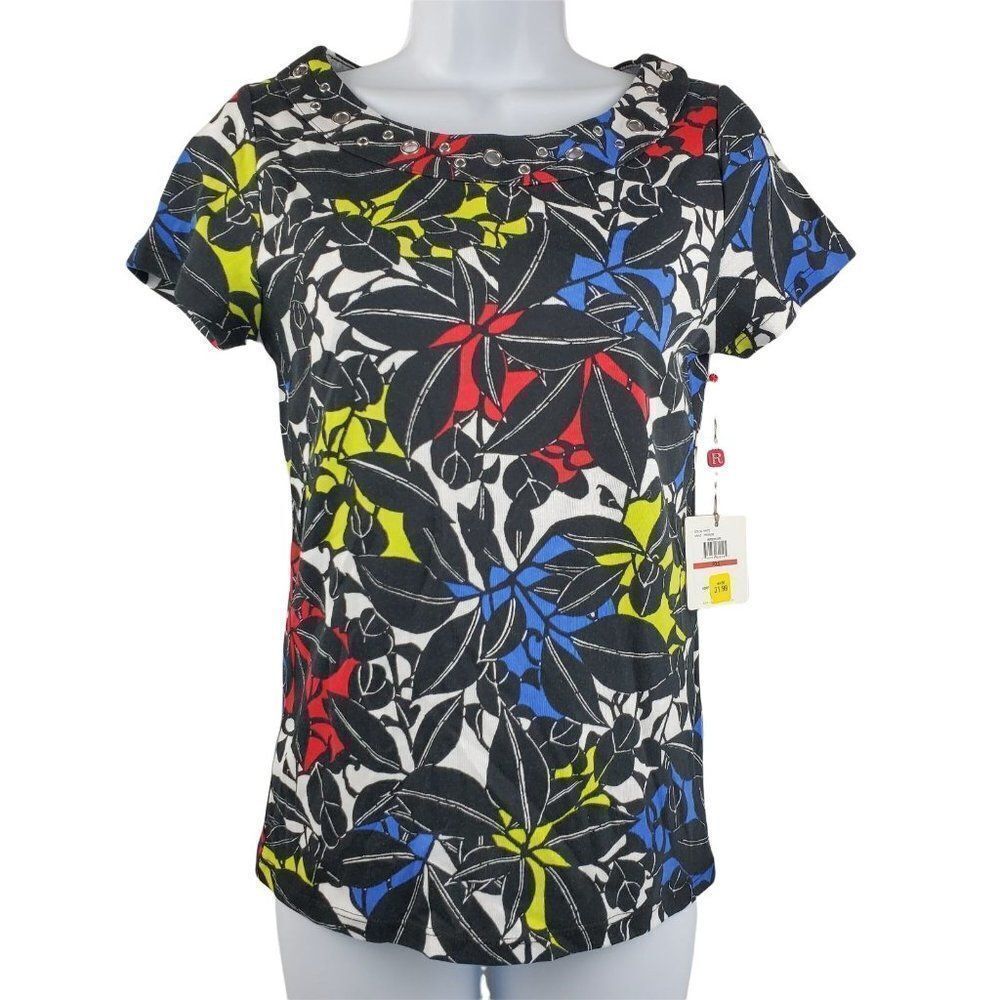 NWT Rafaella XS Petite Classic Tshirt floral Blouse Top Short Sleeve